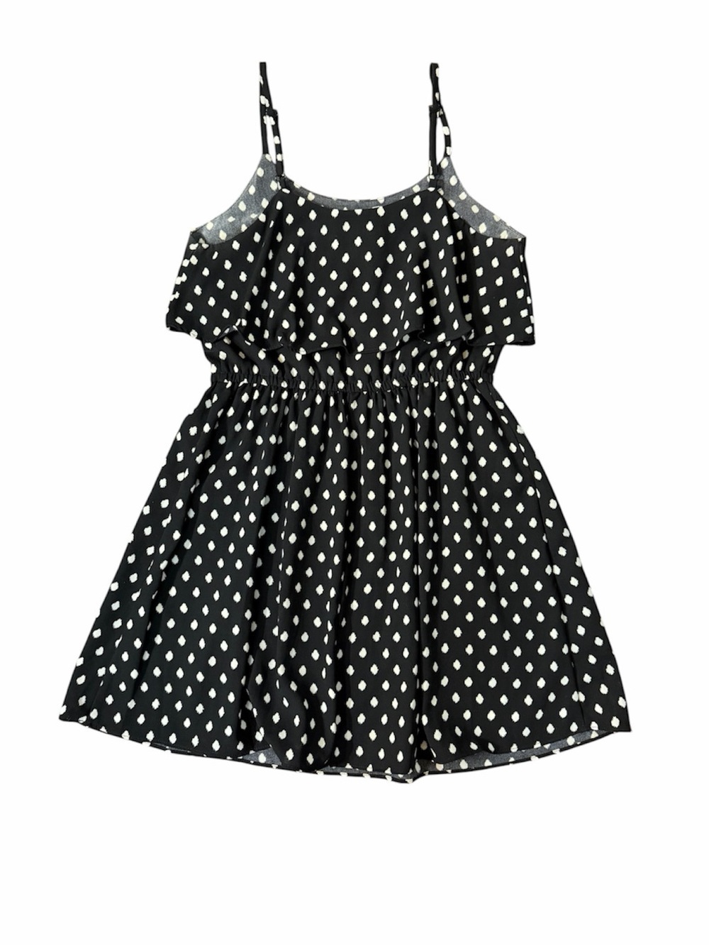 ELLE, BLACK & WHITE POLKA DOT MINI SUNDRESS WITH A TIERED, FLOWY TOP. SIZE S